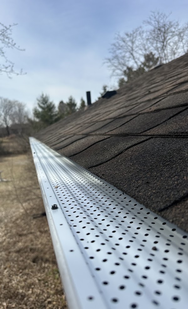 Gutter guards installed along a shingled roof